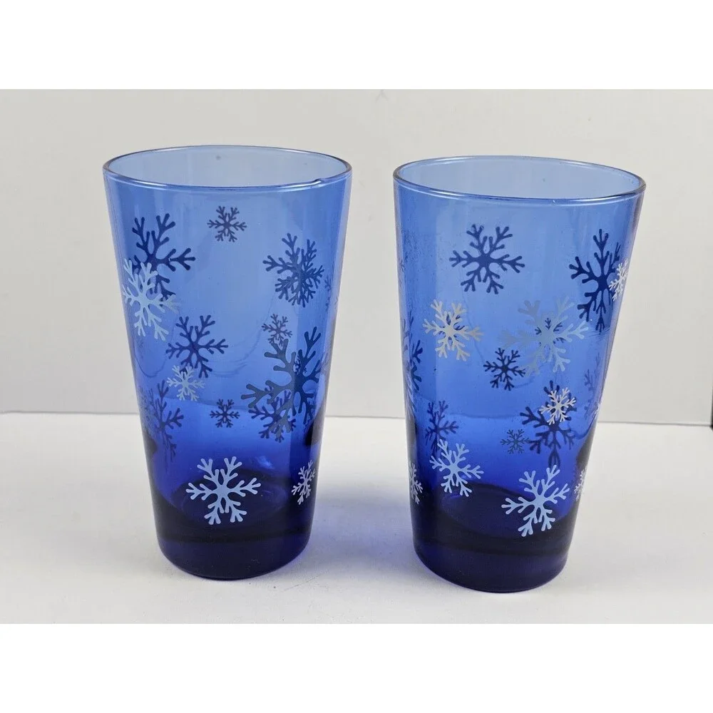 Snowflake Frosted Cobalt Blue Tumbler Highball Glasses Unbranded Set of 2